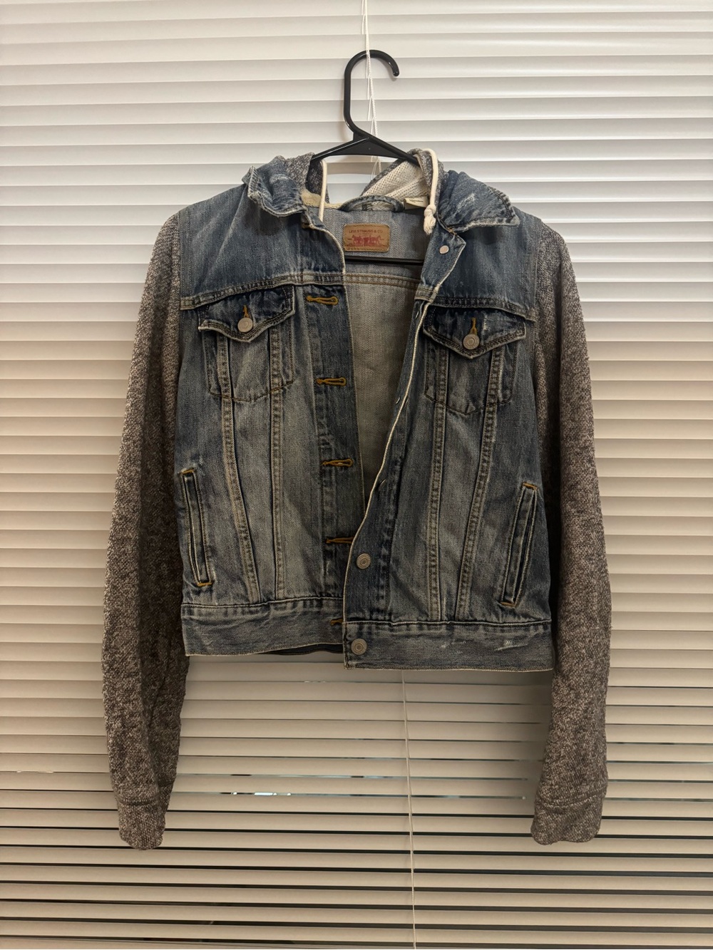 Levi's Blue Denim Jacket with Gray Knit Hood & Sleeves